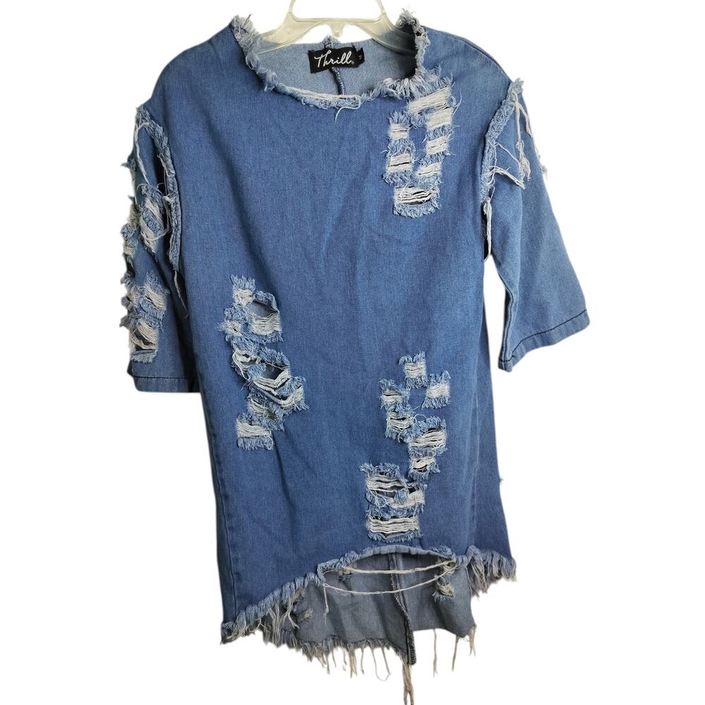 5511)Thrill M Distressed  Denim Pop Over.Hi Low  Cotton Shirt Dress
